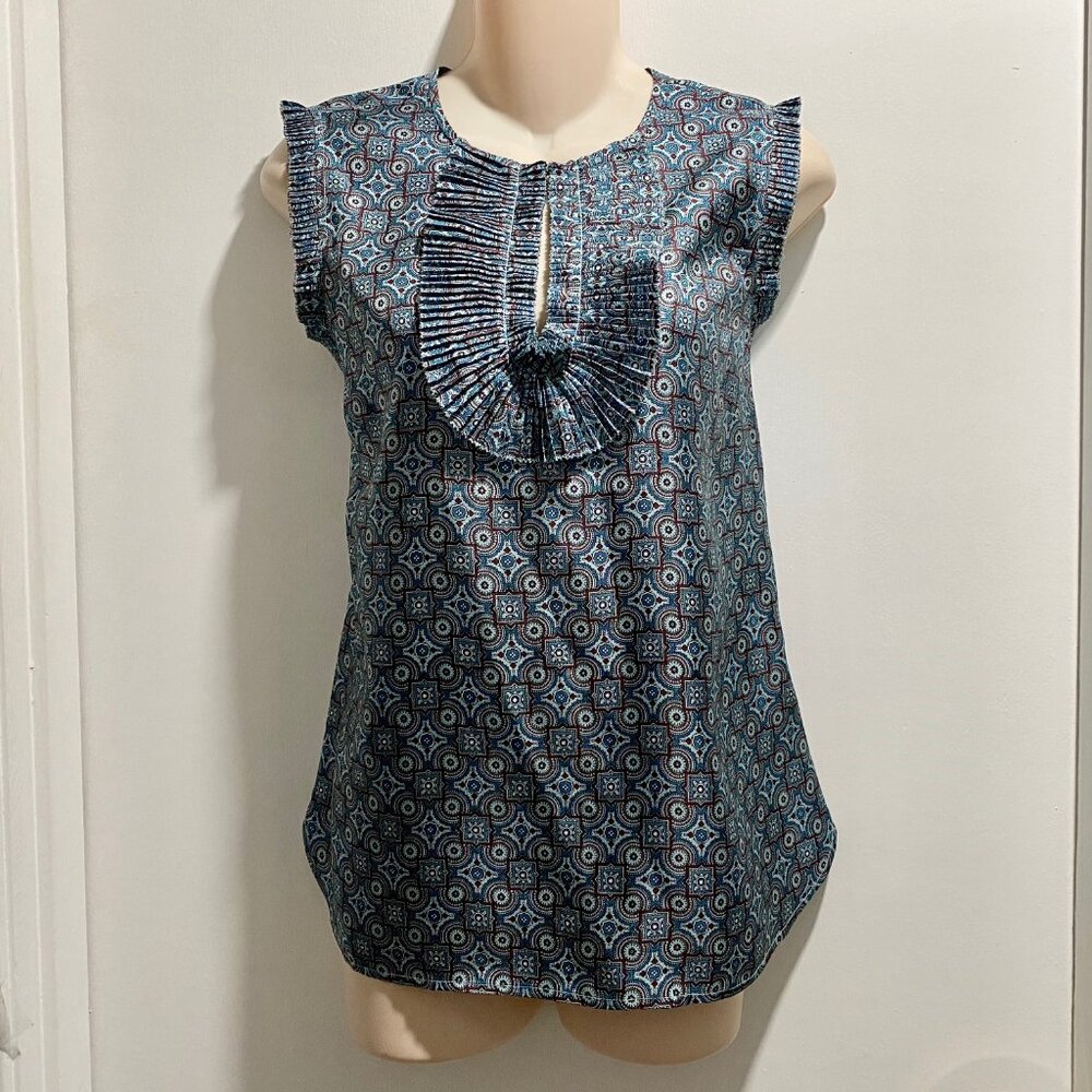 (5) J. Crew Silk Boho Cottage Pleated Trim Keyhole Geometric Blouse Tank…